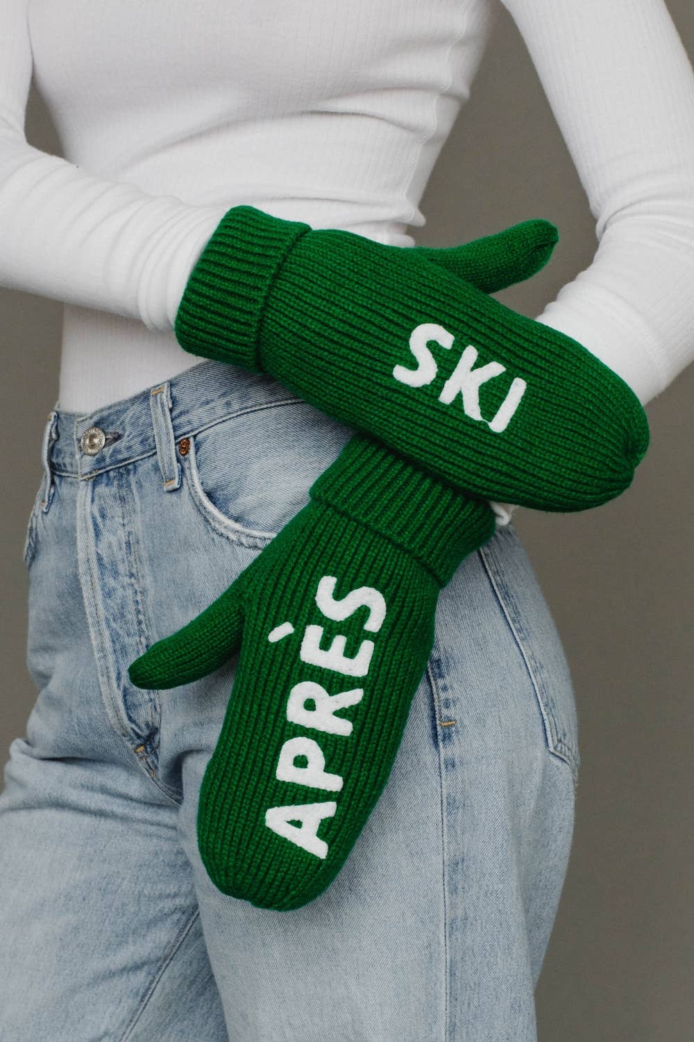Green & White Apres Ski Knit Mittens