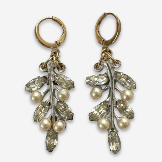 The Lillian - Refashioned Vintage Rhinestone & Pearl Leaf Earrings