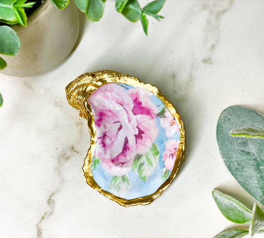 Pink Rose Painted Oyster Trinket Dish