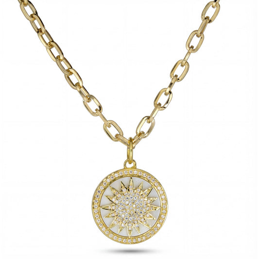 Art Deco Mother of Pearl Clear Pavé 14kt Gold Vermeil Necklace