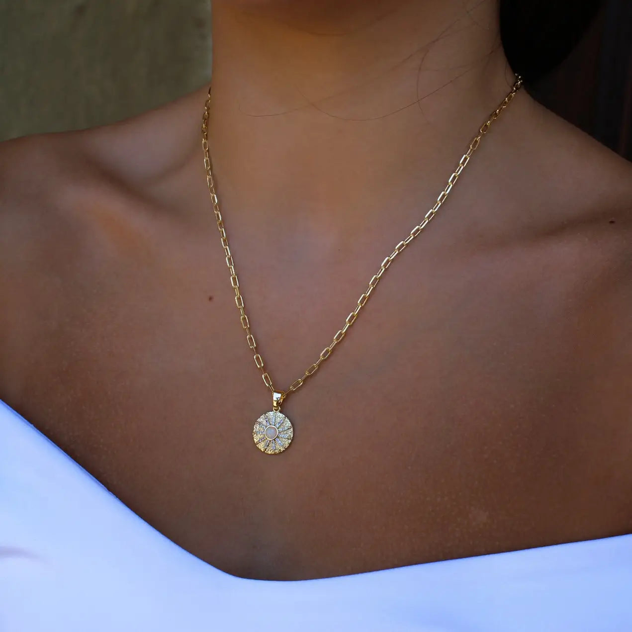Lab Opal Sunburst 18kt Gold Filled Paperclip Necklace