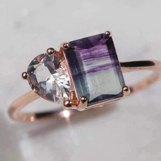 Fluorite & White Topaz Rose Gold Ring - Size 7