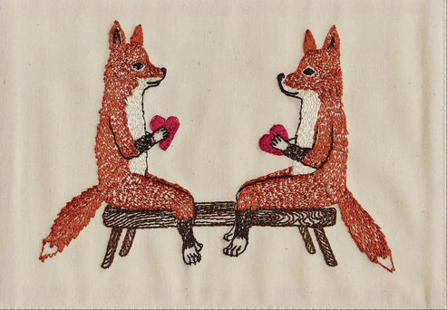 Smitten Foxes Beaded Framed Embroidered Textile by Coral & Tusk