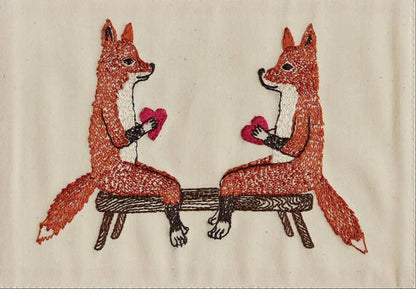 Smitten Foxes Beaded Framed Embroidered Textile by Coral & Tusk