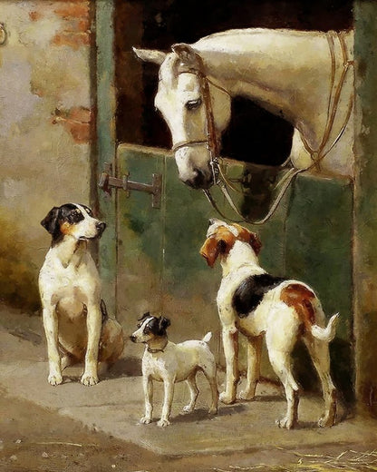 Dog and Horse at Stable - Reproduction Canvas Print on Brown/Black Solid Oak Frame