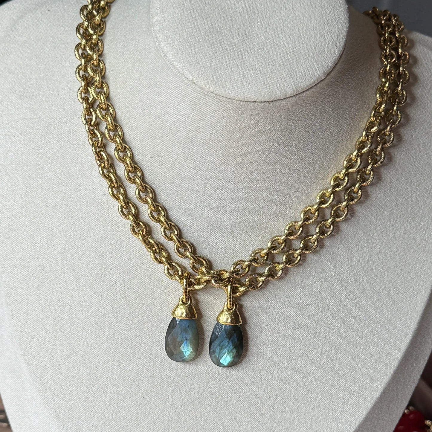 Labradorite Briolette Pendant 12kt Gold Finish Necklace Duo