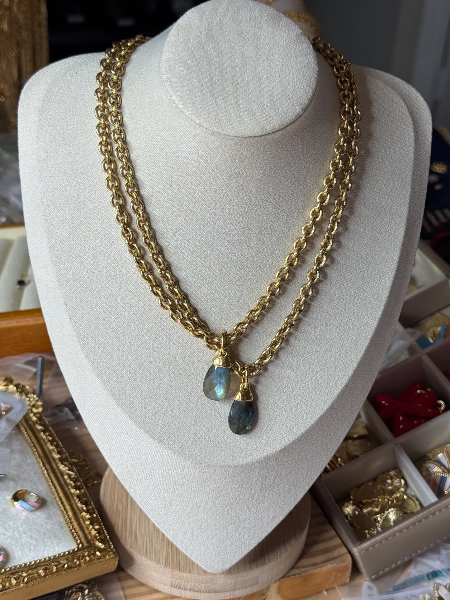 Labradorite Briolette Pendant 12kt Gold Finish Necklace Duo