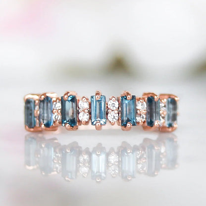 London Blue Topaz Baguettes & Simulated Diamonds 14kt Rose Gold Vermeil Ring - Size 8