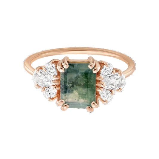 Forest Moss Agate & White Topaz Rose Gold Ring - Size 6