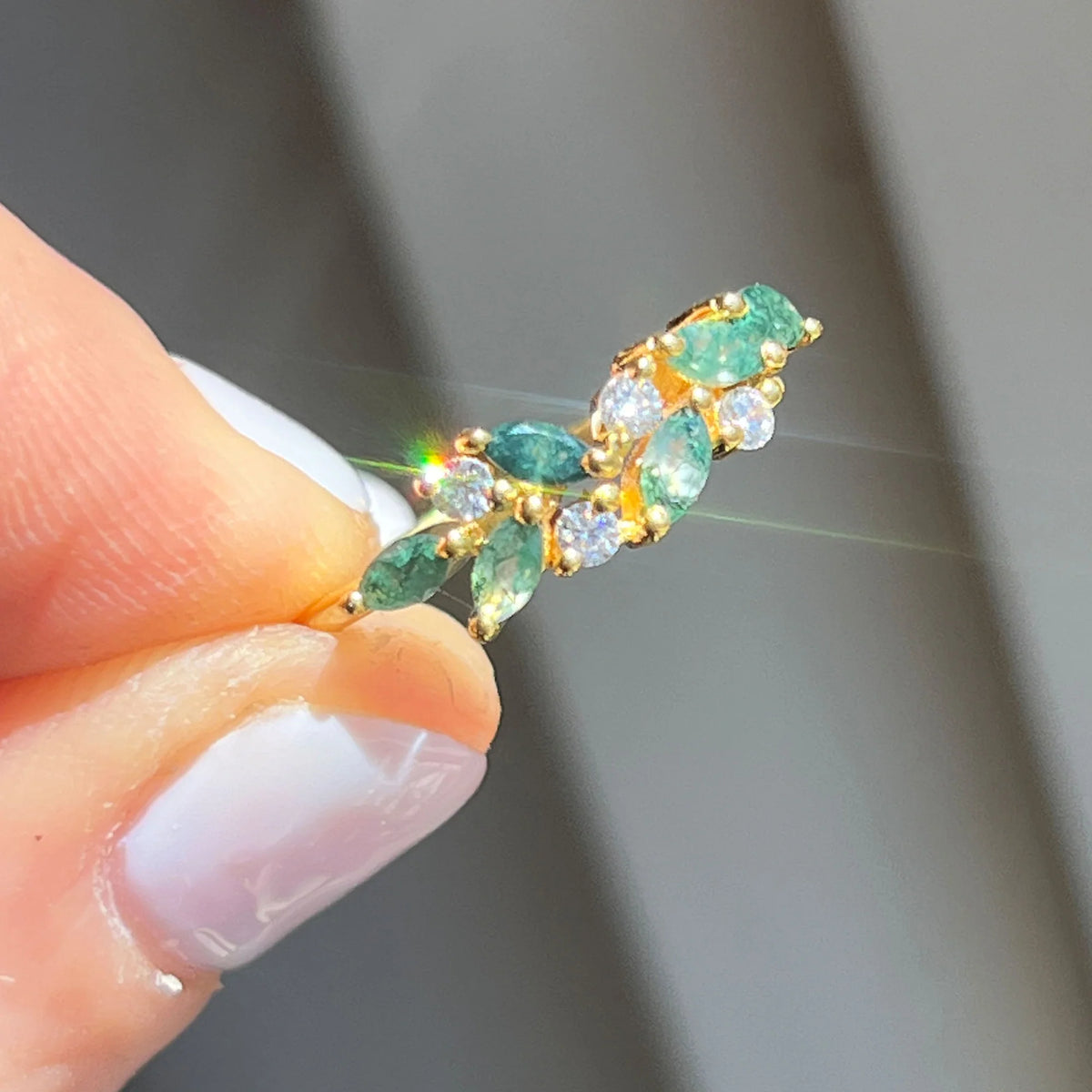 Moss Agate & White Topaz 18kt Yellow Gold Vermeil Ring - Size 8
