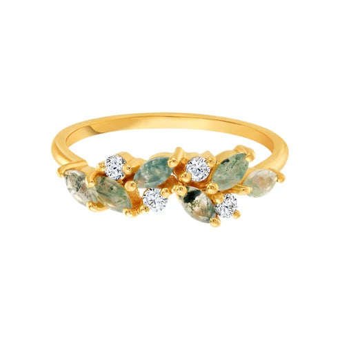 Moss Agate & White Topaz 18kt Yellow Gold Vermeil Ring - Size 8