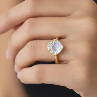 Rainbow Moonstone & White Topaz 14kt Gold Vermeil Ring - Size 5