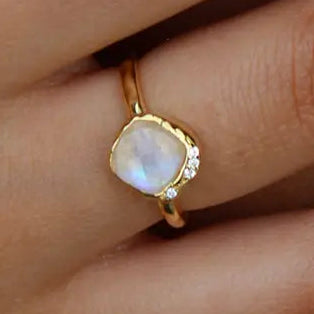Rainbow Moonstone & White Topaz 14kt Gold Vermeil Ring - Size 5