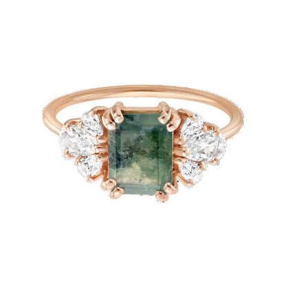 Forest Moss Agate & White Topaz Rose Gold Ring - Size 5