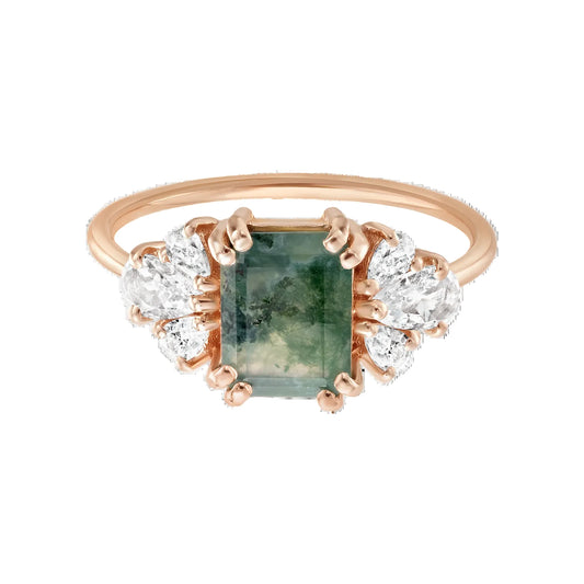 Forest Moss Agate & White Topaz Rose Gold Ring - Size 5