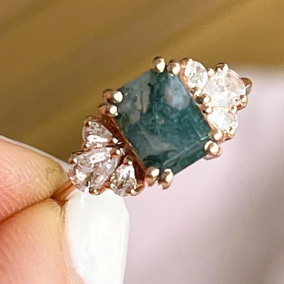 Forest Moss Agate & White Topaz Rose Gold Ring - Size 5