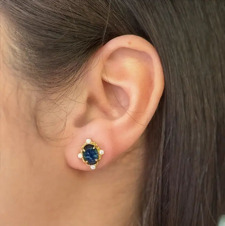 Lab Teal Sapphires & Natural White Topaz 14k Gold Vermeil Stud Earrings