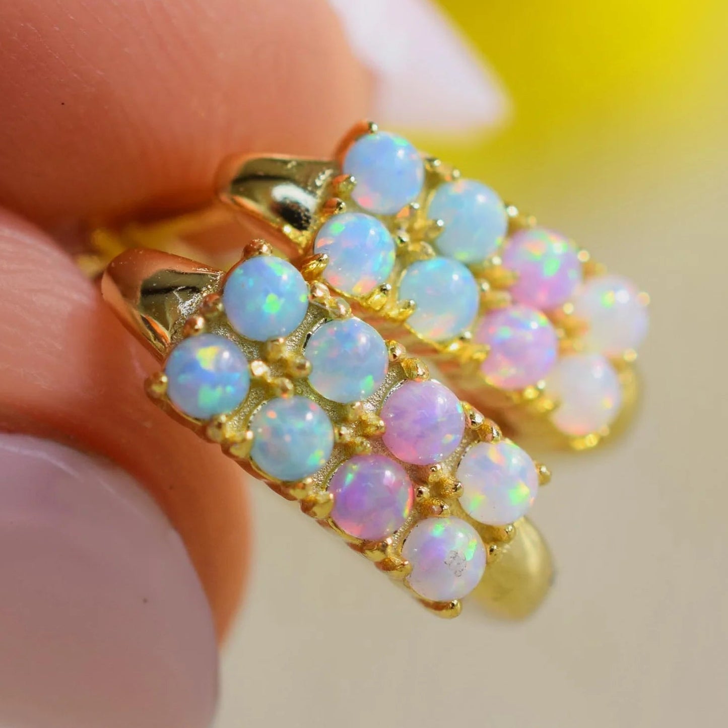 Ombré Blue & Pink Lab Opals 18kt Gold Vermeil Huggies