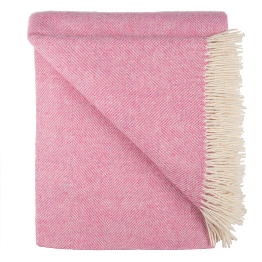 Pink Herringbone Shetland Lambswool Throw Blanket - Woven in England