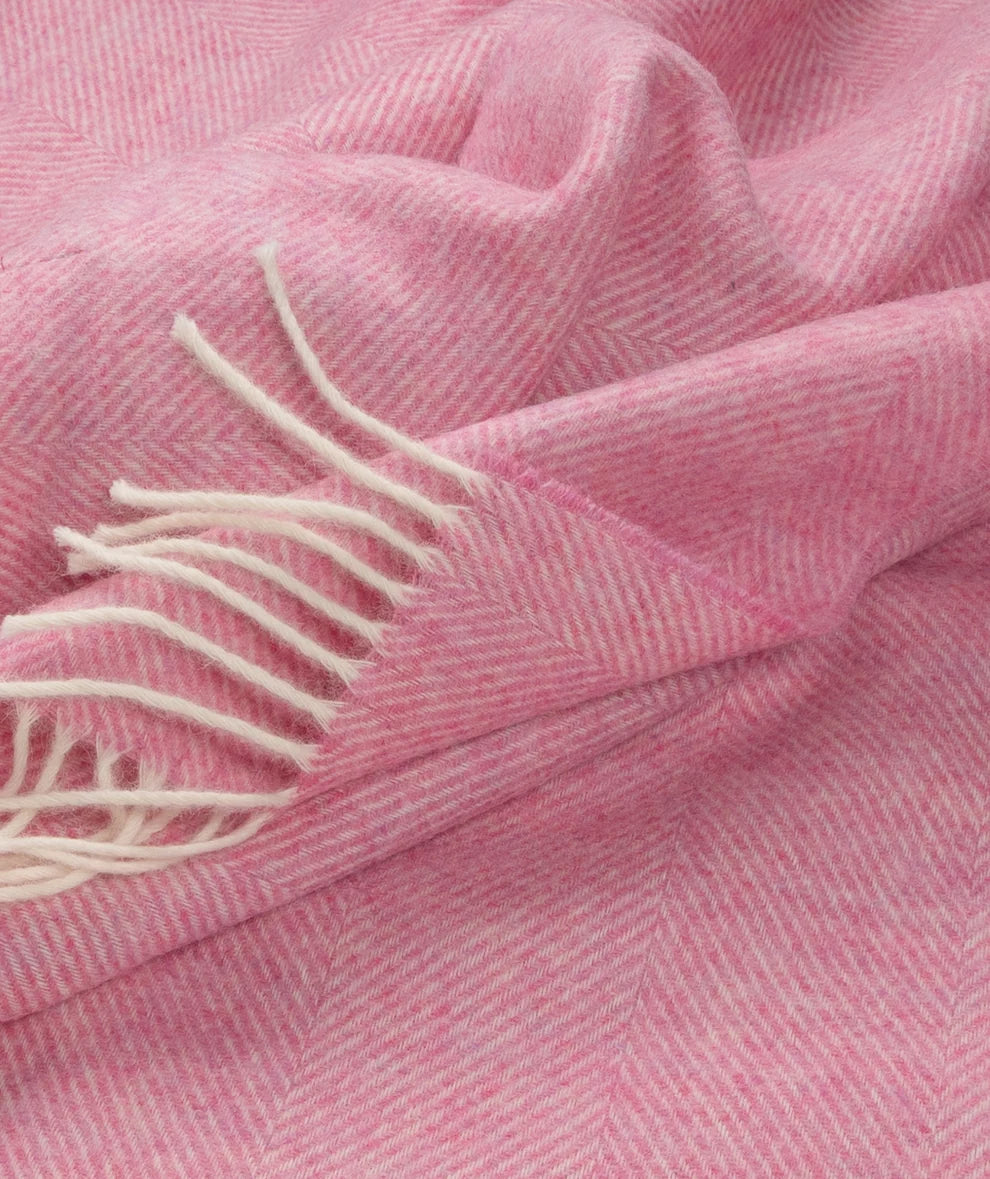 Pink Herringbone Shetland Lambswool Throw Blanket - Woven in England