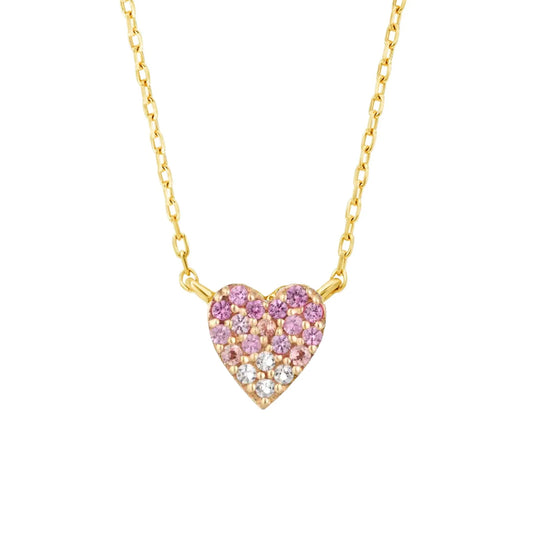 Pink & White Sapphire Heart Solid 14kt Gold Necklace