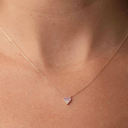 Pink & White Sapphire Heart Solid 14kt Gold Necklace