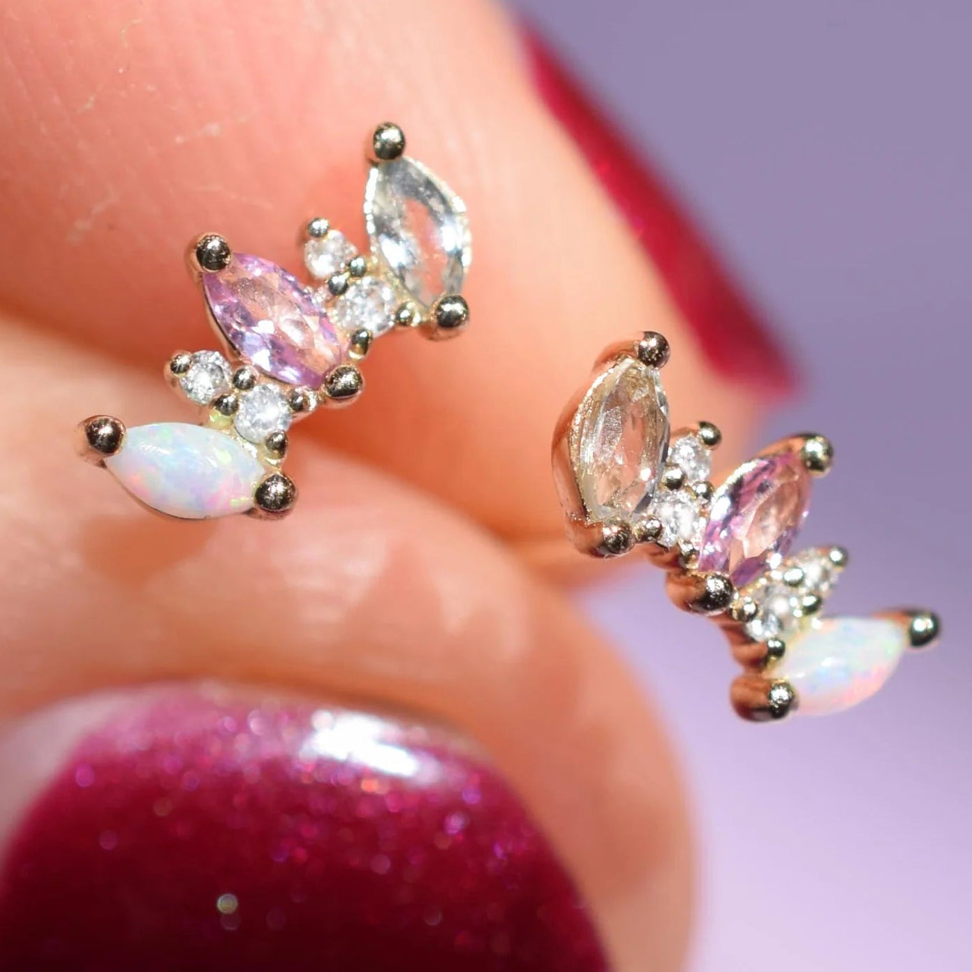 Australian Opal + Pink & White Topaz Solid 14kt Gold Earrings