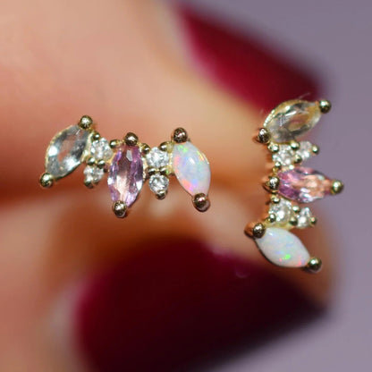 Australian Opal + Pink & White Topaz Solid 14kt Gold Earrings