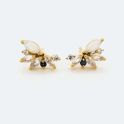 London Blue Topaz, Opal & Rainbow Moonstone 18kt Gold Vermeil Stud Earrings