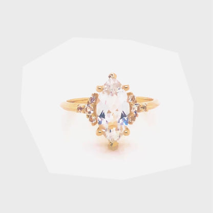 Marquise Cut White Topaz & Solid Gold Ring - Size 7