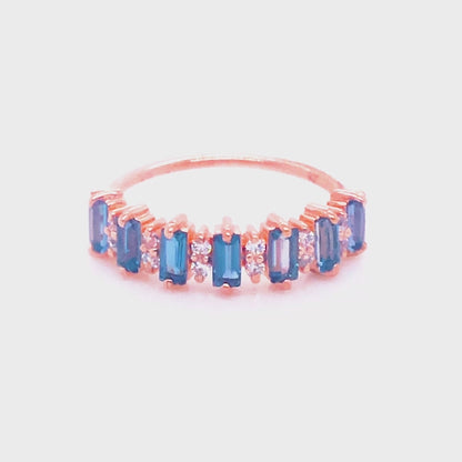 London Blue Topaz Baguettes & Simulated Diamonds 14kt Rose Gold Vermeil Ring - Size 8