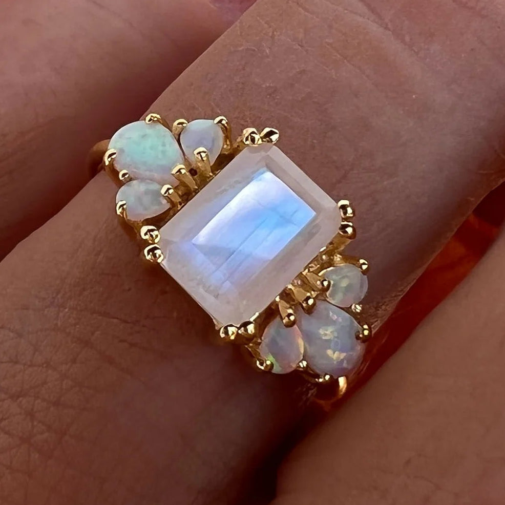 Rainbow Moonstone & Lab Opals 18kt Gold Vermeil Ring - Size 5