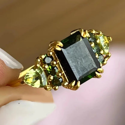 Baguette Cut Green Lab Topaz & Natural Peridot 18kt Gold Vermeil Ring - Size 6