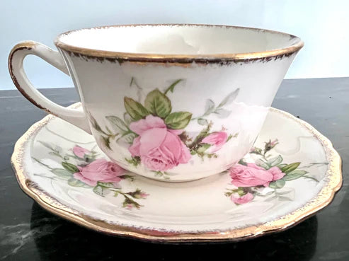 Teacup & Saucer - Canonsburg Pink Rose China with 22KT Gold Trim Heirloom Set Circa 1950-1960s