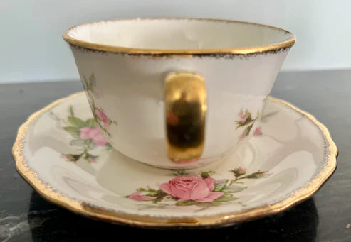 Teacup & Saucer - Canonsburg Pink Rose China with 22KT Gold Trim Heirloom Set Circa 1950-1960s