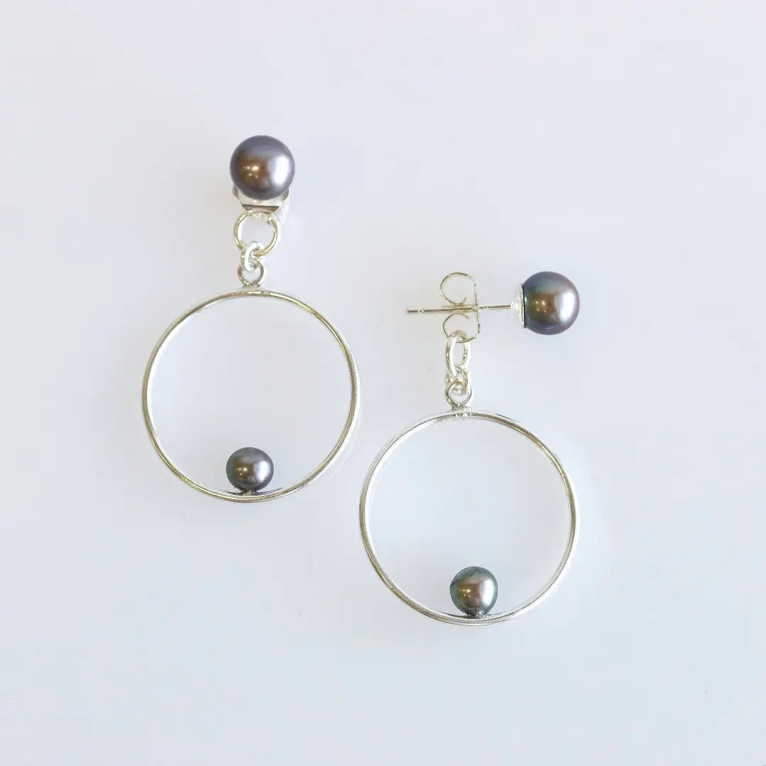 Front Back Silver Cultured Pearls Stud & Hoop Earrings