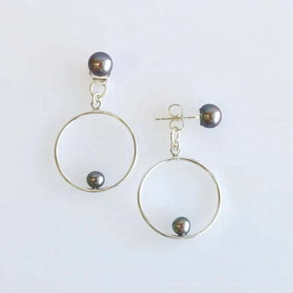 Front Back Silver Cultured Pearls Stud & Hoop Earrings